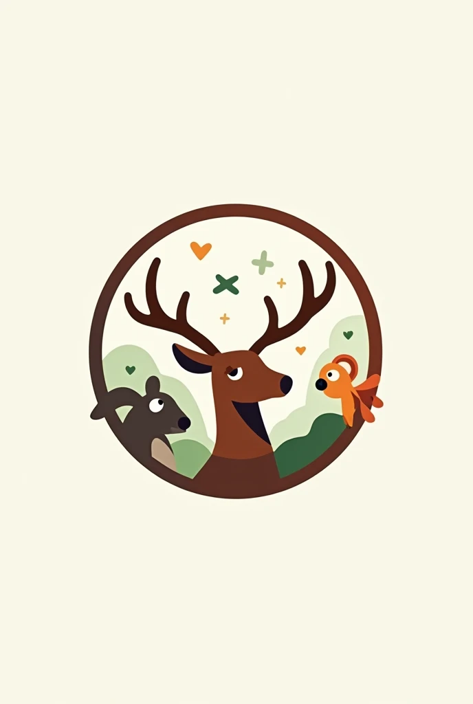 A very simplified logo (using only shapes) Inspiring childhood with a goat, a peroquet and a lemurian. The logo must inspire a magical and fairy-tale world and be in 2 different colors. The deer head must pass through a circle 