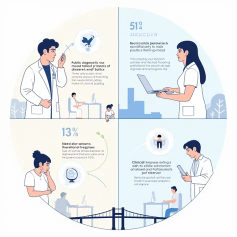 "Create a 4k infographic summarizing the varying perceptions and diagnosis of mood and anxiety disorders. The infographic should be divided into four sections:

Varying Perceptions: The top-left should depict the difference between public perception (showi...