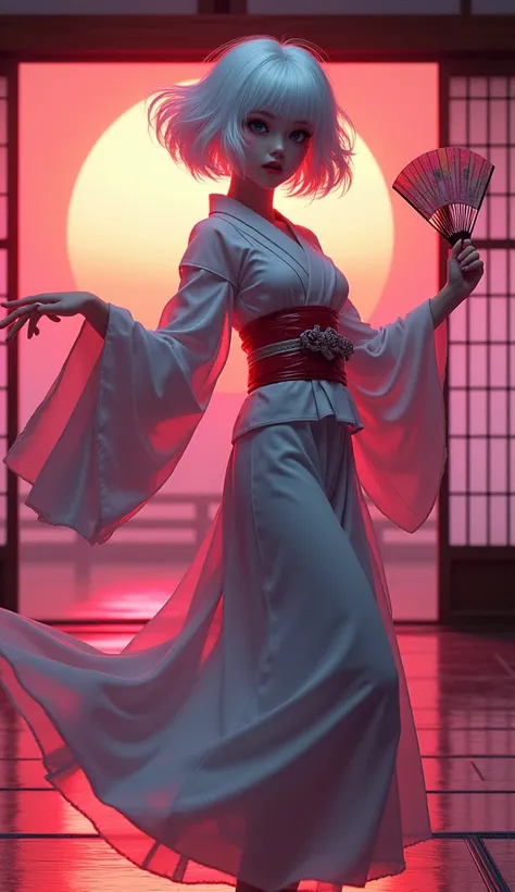 Beautiful short white hair girl。Fluffy and voluminous hair。White skin。Big slanted eyes。Blue left eye。Green right eye。Foxy face。Long eyelashes。Wearing white kimono。Beautiful sunset。Dancing with a folding fan in a Japanese-style room。Cyberpunk。