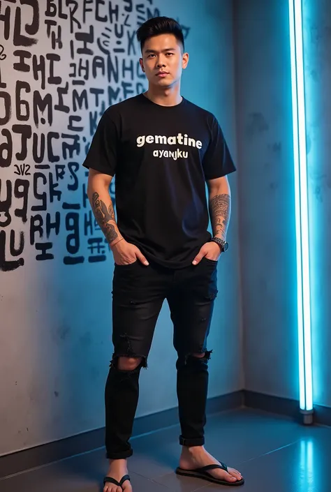 A handsome Korean guy with tattooed hands wearing a casual t-shirt with the words GEMATINE AYANGKU written on his shirt, black jeans with a variation of rips on his knees, walking wearing very cool flip-flops with a background of a wall with an abstract le...