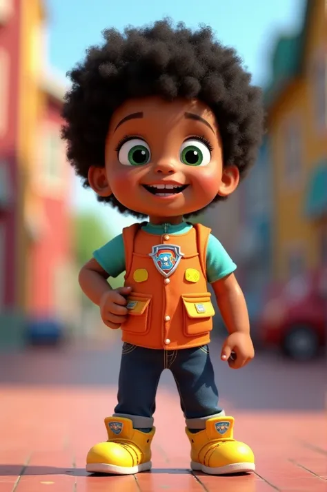 create a black, curly hair, green eyes, happy smile, paw patrol outfit. Pixar 3d full body image