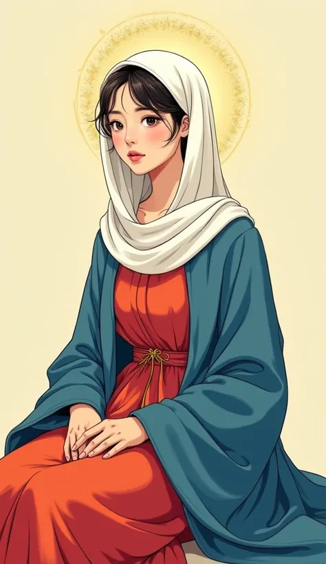 Korean comics, Young Virgin Mary, Red Tunic, Blue Coat, White Veil, Golden Aura, Gazing dreamily at the camera,  Thick outline, Flat Color, whole body, Sitting with legs crossed, Side view