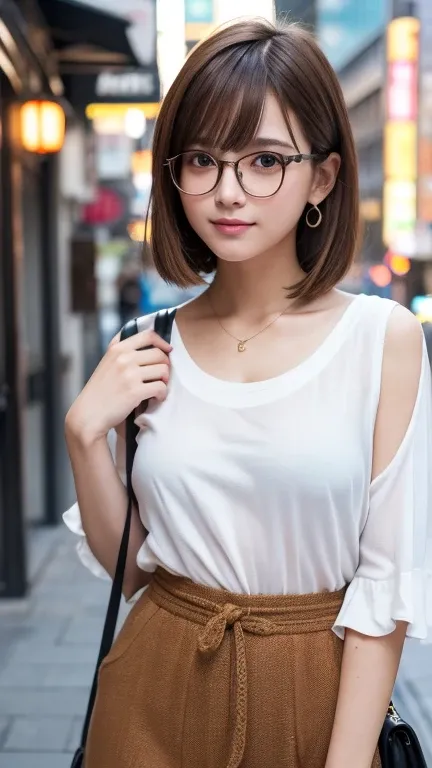 Ultra high resolution, excellent quality, best quality, super detailed, photorealistic, 8k, RAW photo best quality, masterpiece, attractive girl, amazing girl, brown hair, short bob,fashionable glasses, asymmetrical bangs, Japanese idol, sophisticated, sty...