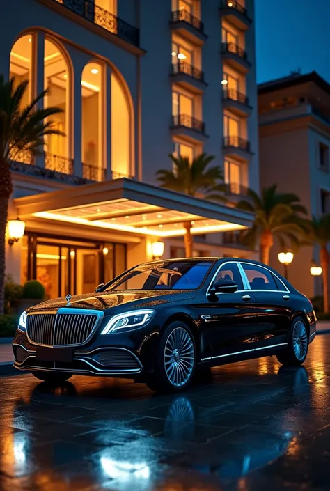 Mercedes mayback front of expensive hotel at night wallpaper for iPhone with expand feature 