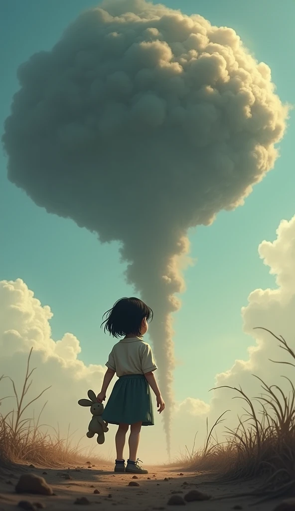 Back view, very realistic, girl looks up to a big bomb comes down from the sky towards to the girl and ground, the girl holds a stuffed rabbit in her right hand
