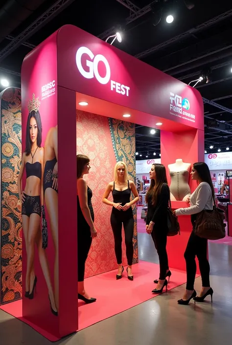 You can make a stand that shows a company called colombian fajas SAS, please make a very creative stand that also says something like a corner that says go fest , Now you can put women trying on the girdles 