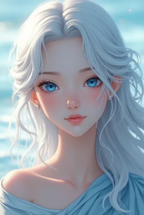 Anime mom with snow white hair and navy blue eyes 