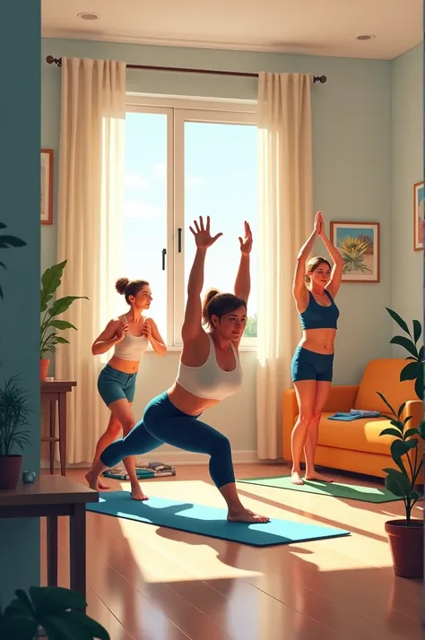 Generate me a picture of three people exercising in an apartment