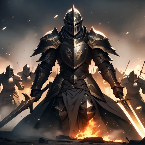 KNIGHT CRUSADER, HELMET, POINTY CRUSADER HELMET, GREAT HELM, GREAT HELM WITH A CROSS, FLAT GREAT HELM, FLAT GREAT HELM WITH A CROSS, FLAT CRUSADER HELMET, armor, black armor, gold lining, holding a glowing sword by the handle, fog, dead knights on the grou...