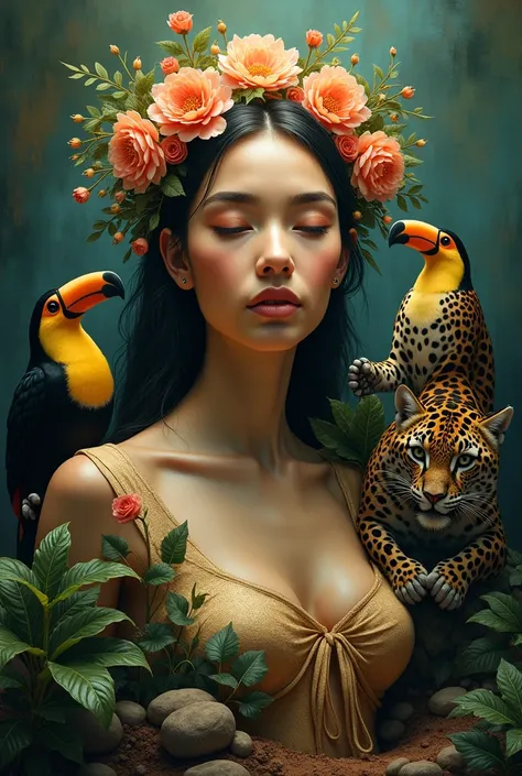 (masterpiece, The best quality:1.2), (High resolution, Abstract:1.1), ultra detail, magical and ancestral, woman under the ground emerging a flower with toucans and leopards 