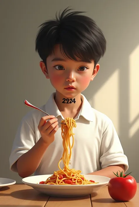  boy in a white collared shirt and white pants with the number "29284" tattooed on the left side of his neck eating spaghetti