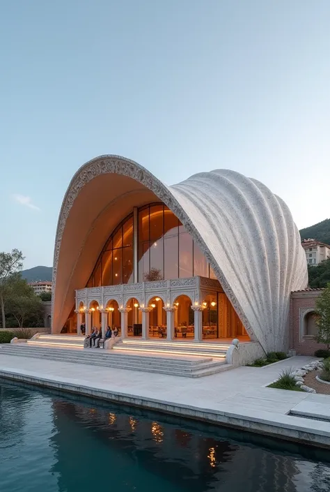  perspective of a clamshell inspired performing arts center. the roof is inspired from the wavy shape of a clam shell. Mediterranean architecture 