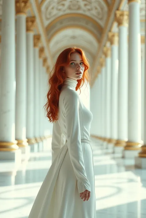 Redhead woman with natural hair in waves, olhos verdes como esmeraldas, she wears futuristic white clothes, she is in a white and gold royal hall. she is looking at herself, wondering about her clothes