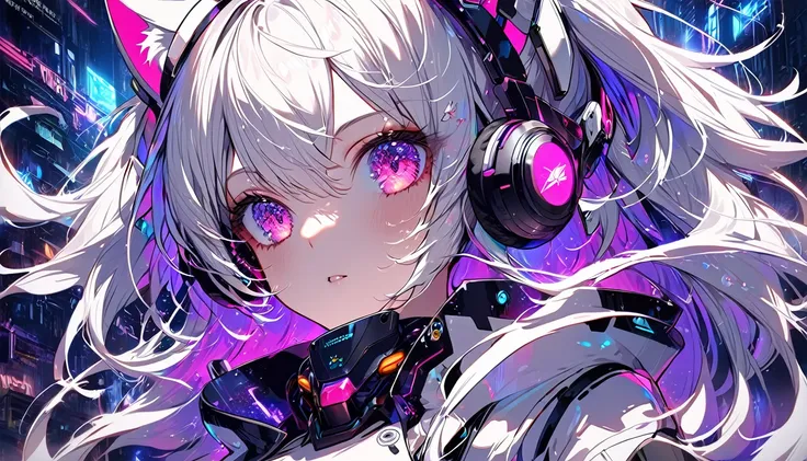 anime girl in futuristic outfit with cat ears and headphones, cute cyborg girl, digital cyberpunk anime art, cyberpunk anime gir...