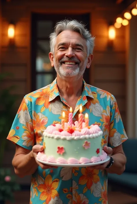 A man in a floral shirt holding a birthday cake
