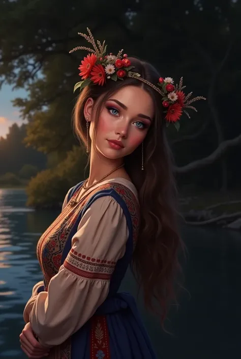 20 year old woman in Ukrainian costume Corolla wreath wearing wreath on head Blue eyes River and blue sky in background Afternoon light sunset realistic illustration