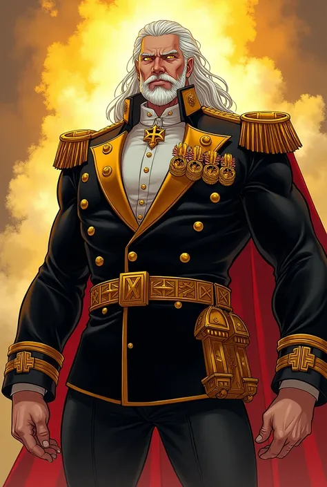 An extremely large and very muscular man with albinism and dressed like a colonel( formal) completely black and gold in color and with long white hair, wavy and a goatee and a serious face and a golden aura around, manga style hq drawing, with a young face...