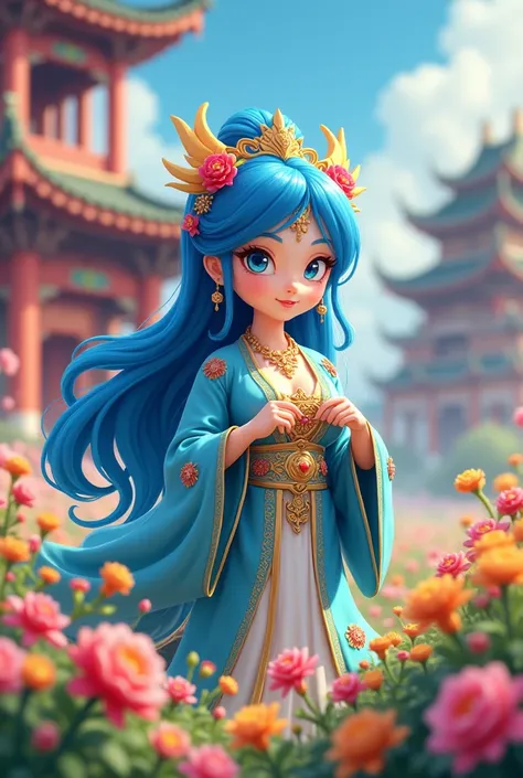 Dragon Palace,flower servant,Q version,2.5D,Cute and silly,Chinese style cyan dragon princess,Long flowing blue hair,dragon hair accessories,Big breasts,Wearing a blue embroidered robe of ancient Chinese immortals，Watering flowers in the flower field