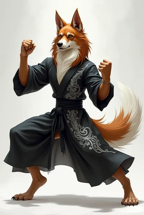 A anthropomorphic Setter Mix. Wearing a black robe. With silver dragon design. Doing a kung-fu pose. 