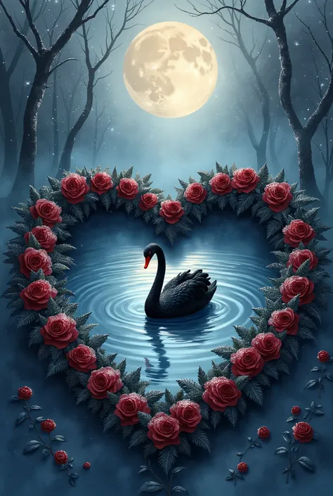 (Haze, fog, mist) moonlight pouring down upon the black roses arranged in a heart. in the middle of the heart is a small pond. the black swan is on the pond. the art style is a painting, abstract and water color painting. light snow dusts in the air.