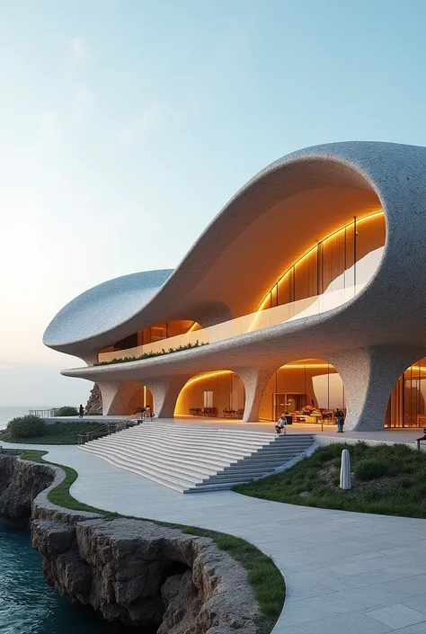  perspective of a clamshell inspired performing arts center. the roof is inspired from the many waves of a clam shell. Mediterranean architecture 