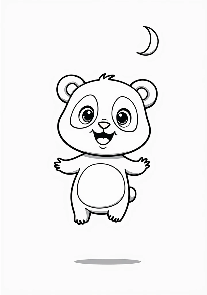 A black and white outline art of a cute panda (looking at the moon) and smiling. The panda has a cartoon style and a childish style. The background is white (moon). The image is suitable for coloring book pages for children.