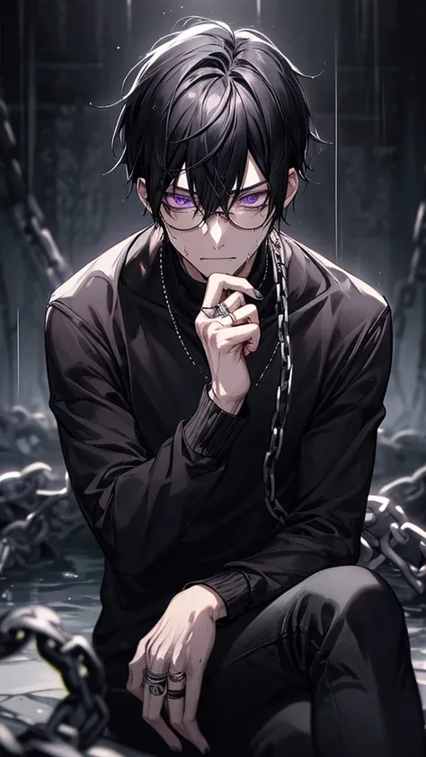 1 guy, black jeans, black sweater, rings on fingers, black nails, Glasses, black hair, a little sporty, Hand in pocket, Dead Eyes, depression, portrait, cinematic lighting, Blur background with chains, Best quality, black gloves, hung his head, rain, Dark ...