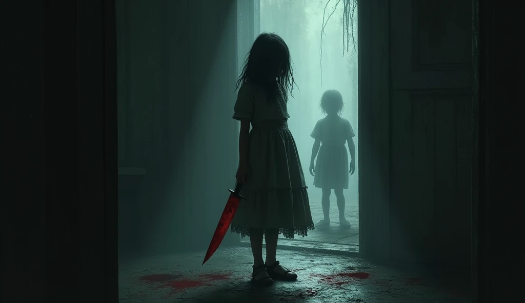 A dark-haired girl, dressed in an old dress, standing in the middle of a dark room. The room is full of shadows, and deep down, the spectral figure of a child (willy) only distinguishes itself. The girl has a blank expression, and in his hand, a blood stai...