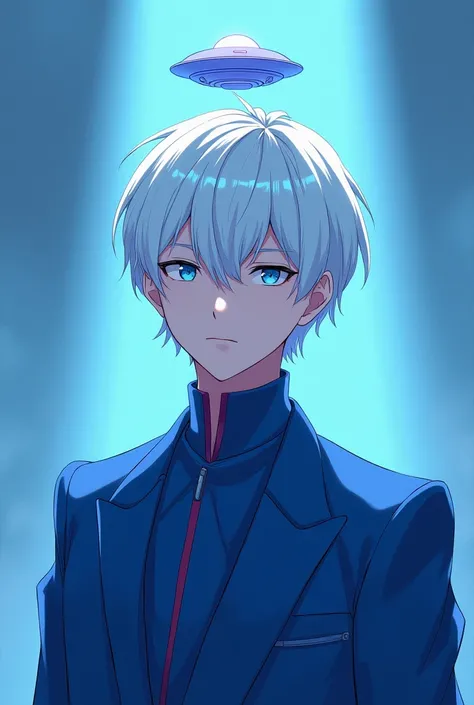 Anime style guy, blue suit, white hair, blue light, small UFO on his head, only the chest, shoulders and neck can be seen in the picture.