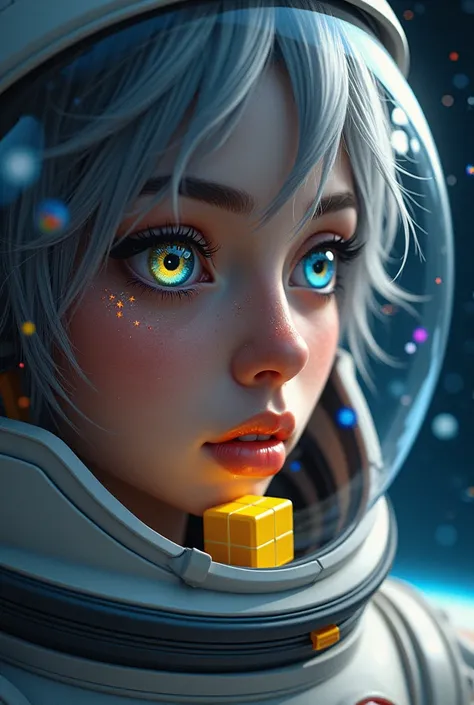 Close-up of an improved masterpiece:1.5)0.9], (Space and astronauts:1.2) (Messy silver hair:1.1) (Heterochromia: xanthochromia and blue eyes:1.2) (Space helmet:1.0) (Colourful stars in the eyes:1.0) (A radiant glow:1.1) (thick lips:0.9)
yellow super mario ...