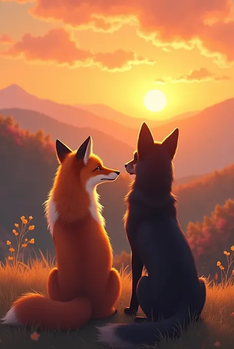 A red fox. With a black Korean Jindo. On a hill. Sunset background. 