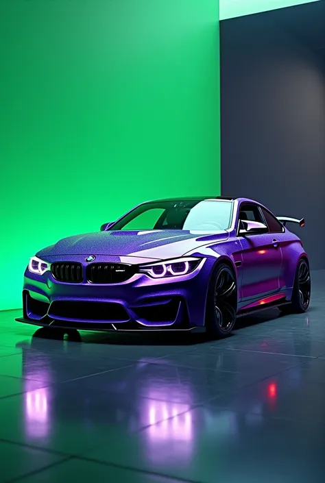 BMW M3 competition purple with green background same photo diagonal side 