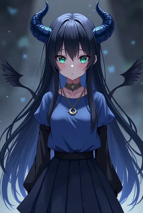 Create an anime girl with long black hair down to her waist, with horns like a dark platinum blue color, with a serious face, with a half-moon necklace but the necklace around the neck is black, with a short blue shirt with black on the sleeves, a skirt wi...