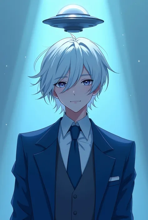 Anime style guy, blue suit, white hair, blue light, small UFO on his head, only the chest, shoulders and neck can be seen in the picture.