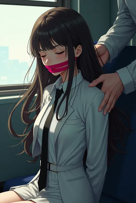 (masterpiece, top quality, best quality, beautiful and aesthetic:1.2), 1girl, long hair, blazer, necktie, white collared shirt, skirt, sitting inside a metro, looking upwards, closed eyes, (the girl tape gagged by red tape), (the girl arms tied up behind t...