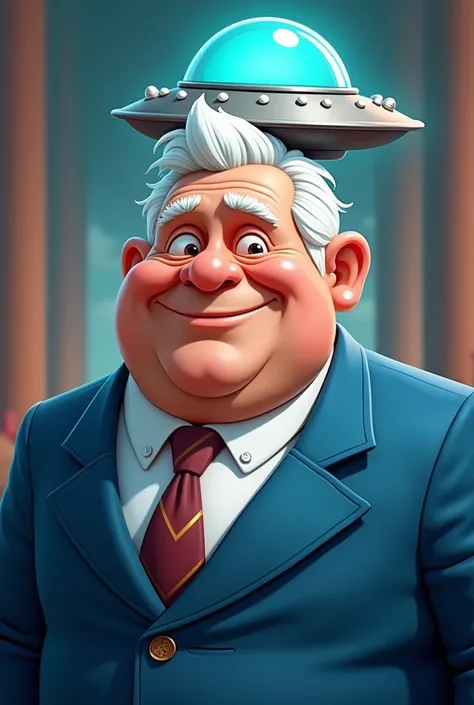 A cartoonish man in a blue suit, white hair, a blue light, and a small UFO on his head. The picture shows only his chest, shoulders, and neck.