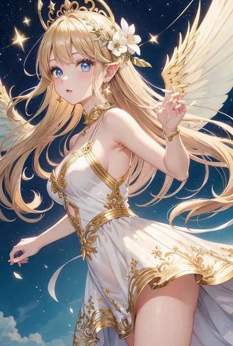 "On the back"Beautiful and large bird wings 🪽、"On the back天使の翼🪽"、whole body、Facing forward、whole body正面のポーズ、Playing the musical instrument harp、Big Harp、Long Hair, Gorgeous gold accessories、Very delicate accessories、Wear lots of jewelry、Open your mouth, とて...