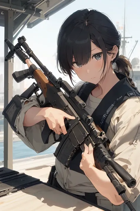 masterpiece,Best Quality,
(((Assault rifle sights,1.8))) ,Machine gun,((photographの構え,1.5)),A look of determination, A sophisticated sailor&#39;s uniform, Stylish long hair, Stylish hairstyle、Gradient Color,Stylish hair colour,City Rooftops, ((smog, intens...