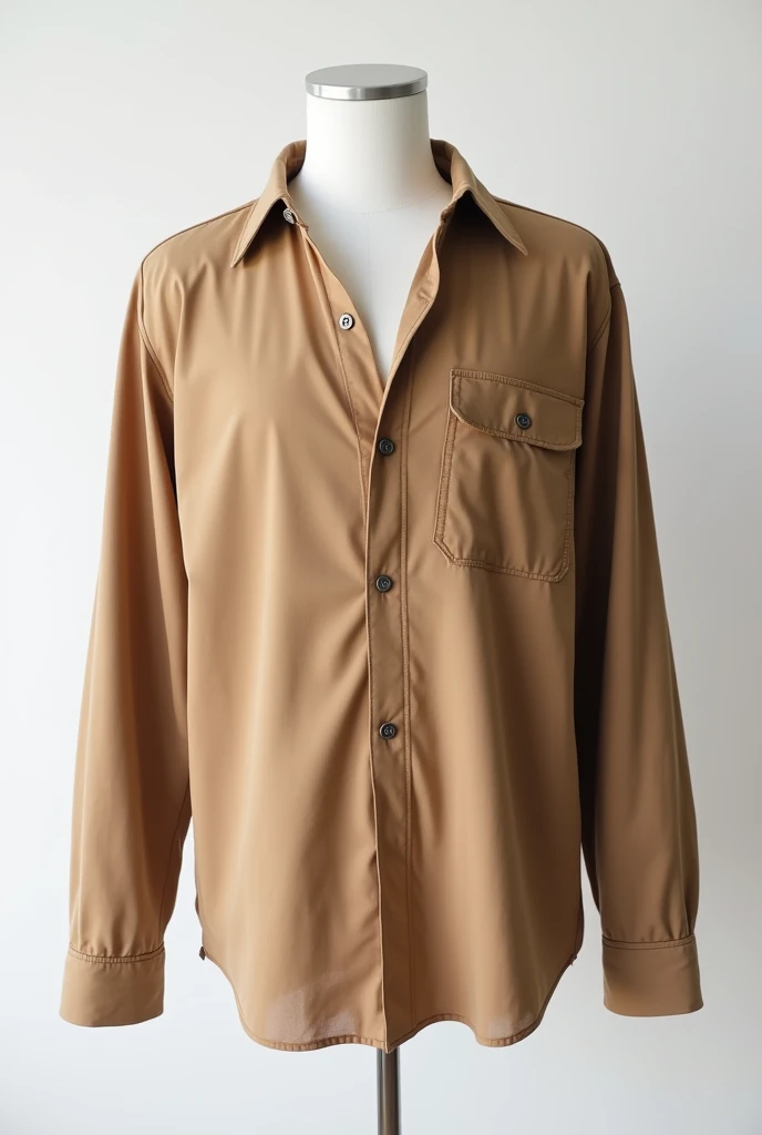 Men&#39;s Realistic Button Down Long Sleeve Cuffless Shirt, very wide but shorter, very light brown, with three buttons open showing a little of the chest on a white mannequin on a white background 