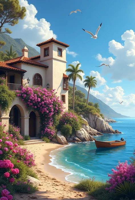 Spanish-style coastal home filled with flowers。Blue sky and seagulls fly in the sky、There&#39;s a boat floating nearby。 