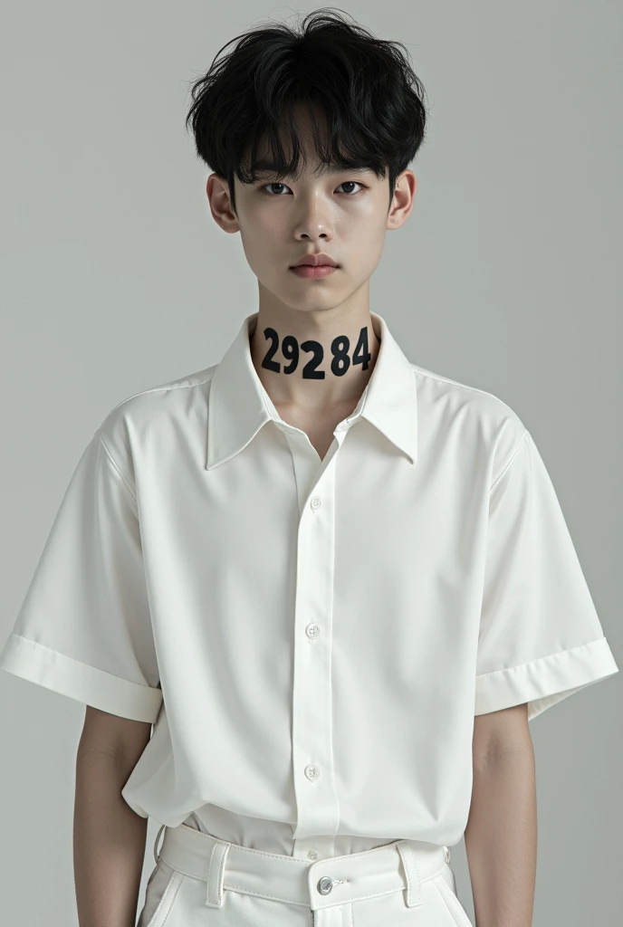  boy, in a white collared shirt, and white pants, with the number "29284" tattooed across the left side of his neck