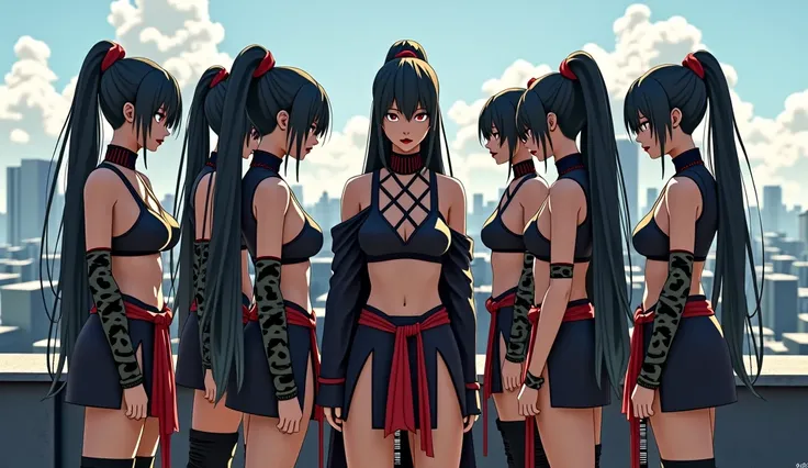 dozens of identical voluptuous kunoichi clones standing on a dojo rooftop staring out into the skyline with with long black hair tied in a ponytail and luscious red lips, Arm guard or bracelet on the forearm. Both of their outfit are: Short sleeve crop top...