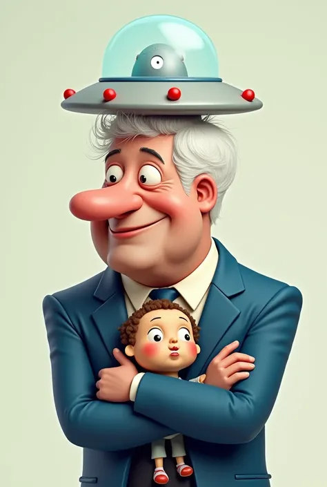 A small cartoonish man in a blue suit, white hair, a blue light, a small UFO on his head. The picture shows only his chest, shoulders and neck, hugging a doll.