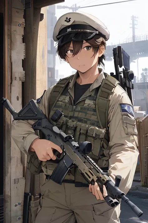 masterpiece,Best Quality,
(((Assault rifle sights,1.8))) ,Machine gun,((photographの構え,1.5)),A look of determination, A sophisticated sailor&#39;s uniform, Stylish uniforms,Stylish long hair, Stylish hairstyle、Gradient Color,Stylish hair colour,City Rooftop...