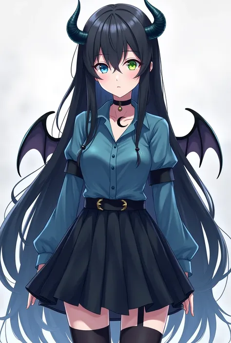 Create an anime girl with long black hair down to her waist, with small forward-pointing horns of a dark platinum blue color, with a serious face, with a crescent necklace but the necklace around the neck is black, with short shirt down to the belly blue w...