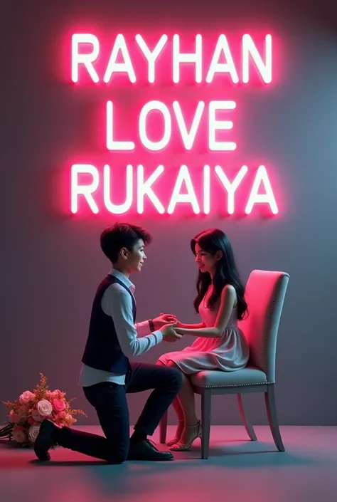 create 3d Photo of boy and girl in which the girl is sitting on a chair and the boy is proposing her, a bouquet of flowers is placed on the ground, The background features "RAYHAN LOVE RUKAIYA in big and capital pink , white neon light fonts on the dark gr...