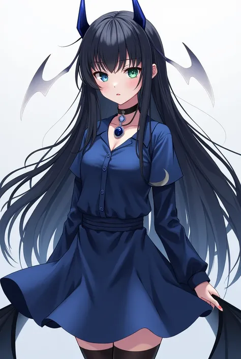 Create an anime girl with long black hair down to her waist, with small forward-pointing horns of a dark platinum blue color, with a serious face, with a crescent necklace but the necklace around the neck is black, with short shirt down to the belly blue w...