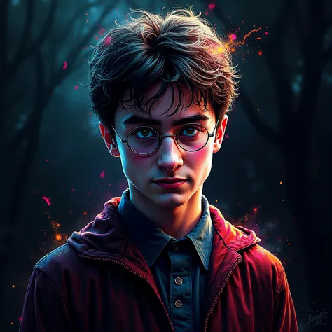 Generate a sketch, Multicolor, polychromatic, abstract of the movie character Harry Potter, on a dark background