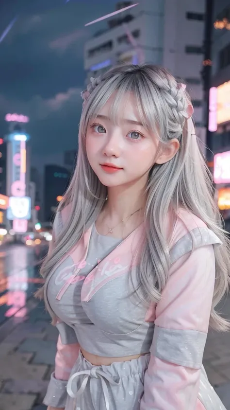 1 Girl, Beautiful, Baby Face, 20 Years Old, White Skin, Colossal Breasts, Sexy Pose, Pastel Colour Anime Outfit Coatumes, ((Pastel Colout Outfit)), ((Grey Eye)), Muscles, Bokeh, Chinese Street Background, Masterpiece, ((Night)), Pink Pastel Colour