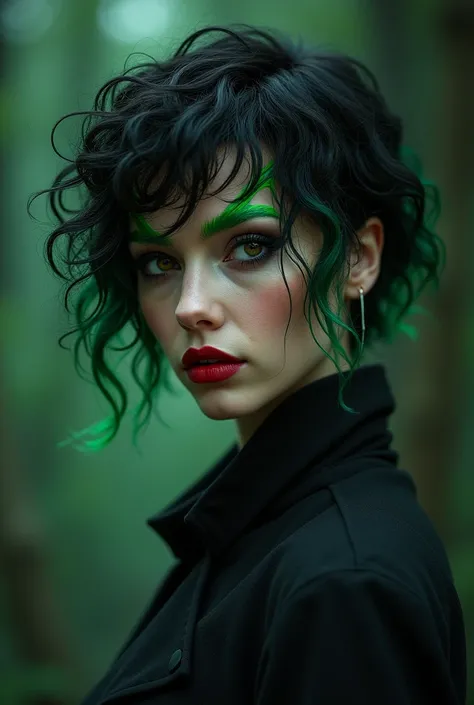 A female witch character with short curly hair, bangs in the middle of the forehead with two green side strands. Light brown eyes with black eyeliner and red lipstick.